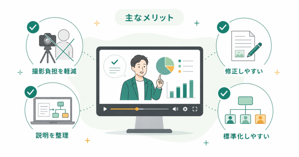 ビジネスアニメーション動画の主なメリットとして、撮影負担の軽減、説明整理、修正のしやすさ、標準化を示した図解